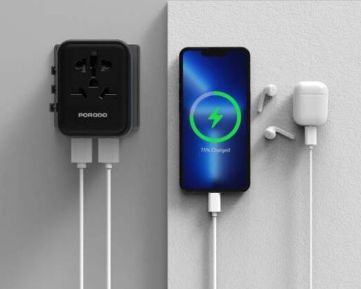 PORODO DUAL PORT UNIVERSAL FAST CHQRGER -  محول السفر العالمي بمنفذين من بورودو